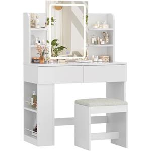 Devoko Toeletta Trucco con Sgabello,Postazione Trucco con LED,Tavolo da Trucco con Specchio, Ripiani Regolabili, 2 Cassetti, in Legno,Moderno,Bianco