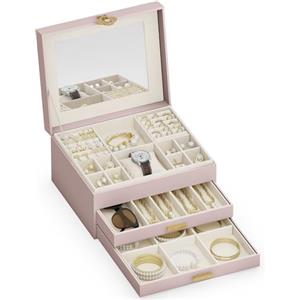 ADEL DREAM Portagioie a 3 ripiani con bottone a forma di quadrifoglio, con vassoio estraibile, con grande specchio, scomparti regolabili fai da te, per mamme e ragazze, rosa