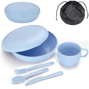 Evanda kit campeggio con ciotola, piatto, tazza, cucchiaio, forchetta, coltello e borsa per il trasporto, Riutilizzabile accessori da campeggio Attrezzatura essenziale Peso leggero Facile trasportare