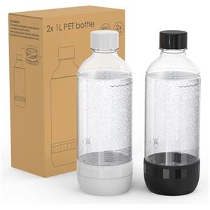 Mycket Bottiglie per la produzione di soda, bottiglie per carbonatazione, 1 l, riutilizzabili, in PET senza BPA, per macchina per soda, confezione da 2, nero e bianco
