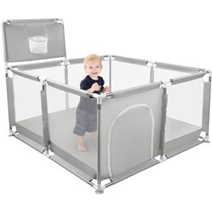 HUOLE Box per Bambini, Recinto per Bambini Pieghevole in Tessuto Oxford con Rete Traspirante, Box per Neonati con Giochi che Include 50 Palline (126 x 126 x 66 cm, grigio)