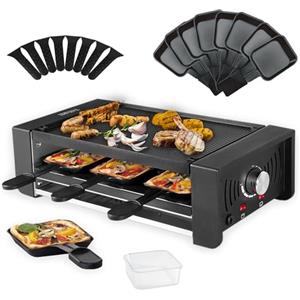 TAMARIT Griglia per raclette 3 in 1 per 8 persone, 1500 W con funzione | Griglia, raclette e pizza, doppio riscaldamento regolabile, antiaderente, 8 padelle, 4 stampi per pizza, per serate piacevoli