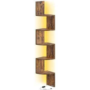 VASAGLE Mensola Angolare da Parete con Luci LED RGB, Scaffale Angolare a 5 Ripiani, Libreria, per Camera da Letto, Soggiorno, Bagno, Ufficio, Pulsante e Telecomando, Marrone Vintage LBC630K01