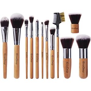 EmaxDesign Set di 12 pennelli da trucco professionali con manico in bambù, setole sintetiche pennello kabubi, per fondotinta, per sfumare, per blush, correttore, occhi, viso, liquidi, polveri, creme con sacchetto