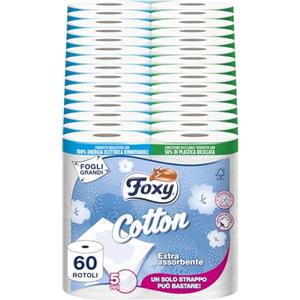 Foxy Cotton | Carta Igienica 5 Veli | 60 Rotoli, 115 Strappi per Rotolo, Fogli Extra Large, con Vere Fibre di Cotone | Certificazione FSC, 100% Energia Elettrica Rinnovabile, Confezione Riciclabile