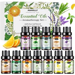 HANOLLY Oli Essenziali per Diffusori 12x5ml, Olio Essenziale Naturali per Aromaterapia Massaggio Candele Fai da Te, Lavanda, menta, eucalipto, arancia dolce, tea tree, limone, cannella, ecc.