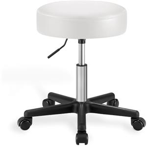 SONGMICS Sgabello Girevole con Ruote, Altezza Regolabile 46-58 cm, Sgabello da Bar Imbottito Rivestito in PU, Sgabello da Lavoro per Studio Ufficio Salone di Bellezza, Bianco Nuvola LJB061W01