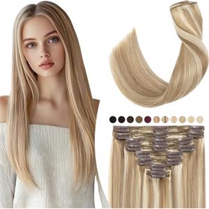 Elailite Extension Capelli Veri Clip Volumizzante 35cm 120g 8 Fasce Folte Double Weft 100% Remy Human Hair Naturali # Marrone Dorato/Bleach Biondo