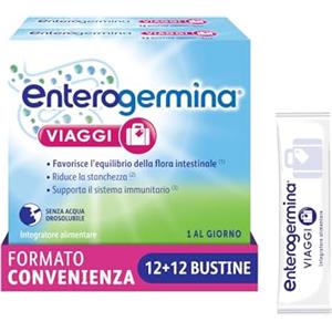 Enterogermina Viaggi, Vitamina b12, Vitamina d, Fermenti Lattici Probiotici, per Adulti - Integratori per Flora Intestinale in Viaggio, Stanchezza e Sistema Immunitario (24 Bustine Gusto Fragola)