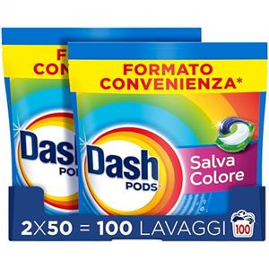 Dash Pods Detersivo Lavatrice In Capsule, 100 Lavaggi (2x50), Salva Colore, Rimuove Le Macchie, Igienizza, Brillantezza Per I Capi