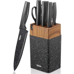 Yabano Set Coltelli da Cucina 7 Pezzi con Ceppo in Plastica e Affilatore Integrato, Lame Antiaderenti e Antiruggine in Acciaio Inox (Maculato)