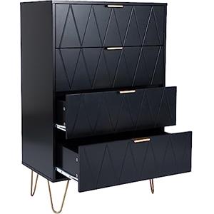 UEV Cassettiera 4 Cassetti, Como Camera da Letto in Legno, Maniglie e Gambe Dorate, Mobile per Soggiorno, 34P x 60l x 91H cm, Nero