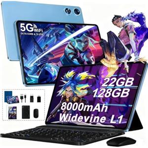 UJJ 2026 Tablet 10 Pollici Android, 128 GB ROM(TF 2TB) + 22 GB RAM, 5 G WiFi Octa-Core 2.0GHz, 8000mAh, GPS, Gemini AI tablet, 5+8 MP, Bluetooth 5.0, Widevine L1, Tablet Touch con tastiera+mouse (blu)