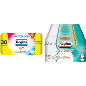 Regina Rotoloni Regina - 30 Maxi Rotoli di Carta Igienica, 500 Fogli a 2 Veli + Regina Asciugoni Carta Cucina, 24 Rotoli a 2 veli, 100 strappi per rotolo
