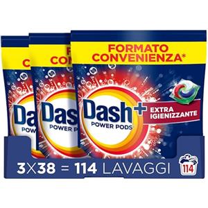 Dash Power Pods Detersivo Lavatrice In Capsule, 114 Lavaggi (38x3) Extra Igienizzante, Pulizia profonda contro sporco e batteri, Pulizia Impeccabile