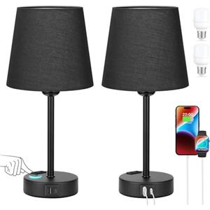 kakanuo Lampada da Comodino Set di 2, Abat Jour da Comodino Touch Dimmerabile a 3 Vie con Porte USB-A+C 2 Presa CA 2 Lampadine, Lampade da Tavolo per Camera da Letto Soggiorno Ufficio(Nero)