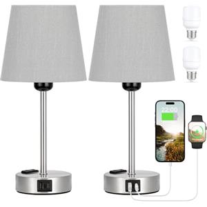 kakanuo Lampada da Comodino Set di 2, Abat Jour da Comodino Touch Dimmerabile a 3 Vie con Porte USB-A+C 2 Presa 2 Lampadine, Lampade da Tavolo per Camera da Letto Soggiorno Ufficio(Grigio)