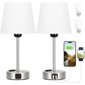 kakanuo Lampada da Comodino Set di 2, Abat Jour da Comodino Touch Dimmerabile a 3 Vie con Porte USB-A+C 2 Presa 2 Lampadine, Lampade da Tavolo per Camera da Letto Soggiorno Ufficio(Bianco)