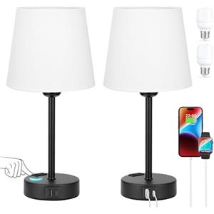 kakanuo Lampada da Comodino Set di 2, Abat Jour da Comodino Touch Dimmerabile a 3 Vie con Porte USB-A+C 2 Presa CA 2 Lampadine, Lampade da Tavolo per Camera da Letto Soggiorno Ufficio(Bianco)