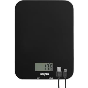 Salter SA00597FEU12 Bilancia da cucina ricaricabile - bilancia digitale per alimenti per cottura, funzione Tara, cavo di ricarica USB incluso, misura liquidi/liquidi, design sottile, capacità 5 kg