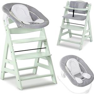 hauck Seggiolone Pappa Alpha Plus Newborn - Sediolone Pappa Bimbi con Sdraietta Neonati Dondolo e Cuscino - Seggiolone Evolutivo Legno - (Classic, Menta)