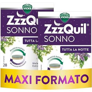 Procter & Gamble ZzzQuil Tutta La Notte Integratore Per il Sonno, Melatonina con Valeriana, Melissa e Vitamina B6, con rilascio prolungato di melatonina ed estratti botanici per 8 ore, 28 x 2 Compresse