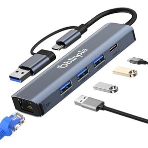 Oblinple Hub USB 3.0 USB C Ethernet 5 in 2, Adattatore USB a Lan RJ45 1000Mbps con 3 Porte USB 3.0 e Tipo C, Multiporta Adapter Cavo Gigabit in Alluminio per Windows XP MAC Linux Chromebook MacBook