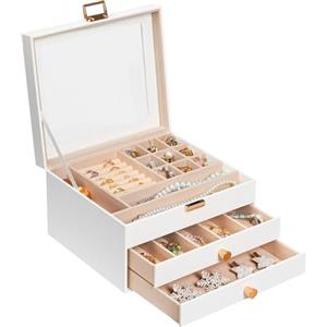 HOOBRO Scatola Portagioie 3 Livelli con Coperchio in Velluto e Finestra in Acrilico, 2 Cassetti, per Collane Orecchini Bracciali Anelli Orologi, Bianco EWT26JB04