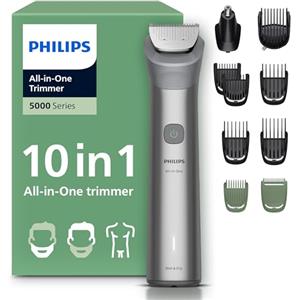 Philips Rifinitore All-in-one Multigroom Serie 5000 10 in 1 - Rifinitore per barba, capelli e corpo, lame autoaffilanti interamente in metallo, 11 impostazioni di lunghezza (0,5-16 mm), MG5918/15