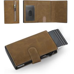 YESIIW Portafogli da Uomo con Compatto e Capiente, Pop-up Portacarte per 7 Cartes,15+Banconote & 1 Finestra ID, Portafoglio Uomo Slim con Portemonete, Portatessere RFID (Marrone)