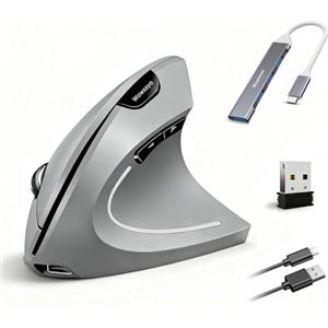 Wowssyo Wowsyo ergonomico Mouse verticale wireless ricaricabile mouse Bluetooth, 2.4G per Windows e Mac OS, 800/1200/1600 DPI, 5 pulsanti, ottico - Grigio