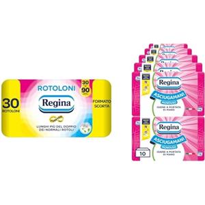 Regina Rotoloni Regina - 30 Maxi Rotoli di Carta Igienica, 500 Fogli a 2 Veli + Regina Asciugamani Monouso - 10 Confezioni da 100 Servizi ciascuna