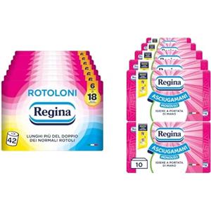 Regina Rotoloni Regina - 42 Maxi Rotoli di Carta Igienica, 500 Fogli a 2 Veli + Regina Asciugamani Monouso - 10 Confezioni da 100 Servizi ciascuna