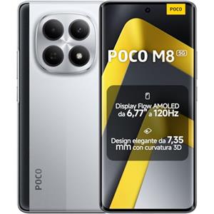 Xiaomi POCO M8 5G, Smartphone 8+256GB, Display AMOLED FIoW 6,77" 120Hz, Snapdragon® 6 Gen 3, Doppia fotocamera AI 50MP, Design curvo 3D da 7,35 mm, Argento, Garanzia 2 anni, Caricatore non incluso