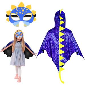 Landifor 2pz Costume da Mantello da Dinosauro Mantello Dinosauro Bambino Dinosauri per Bambini Mantello con Maschera Cosplay Drago Blu Navy-per Bambini Festa Regalo Carnevale Halloween Natale