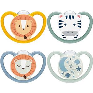NUK Space Day & Night ciuccio | 6-18 mesi | Succhietti che si illuminano al buio con ventilazione extra per pelli delicate | Silicone senza BPA | Zebra & Leone | 4 pezzi