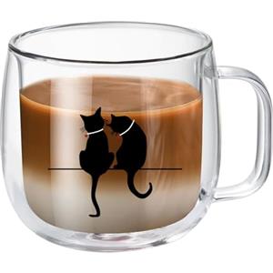 MESNEY Set da 1 Tazze da Caffè in Vetro Borosilicato Doppio Strato con Disegno di Gattino - 10 fl oz, Tazze Isolanti per Bevande Calde e Fredde, Sicure per Microonde e Frigorifero, Senza BPA