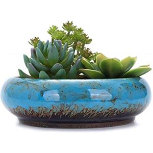 VanEnjoy, Fioriera rotonda in ceramica smaltata, 18,5 cm, grande, poco profonda, con foro di drenaggio, vasi per bonsai, decorazione da giardino, contenitore per cactus e fiori (blu)