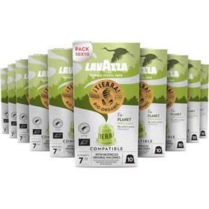 Lavazza, ¡Tierra! For Planet, 100 Capsule di Caffè in Alluminio Compatibili con Macchine Nespresso Original, con Note Fruttate, 100% Arabica, Intensità 7/13, Tostatura Media, 10 Pack da 10 Capsule