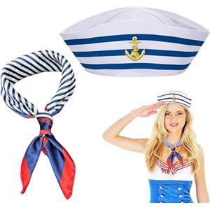 BOBOZHONG Costume Capitano Marinaio,Cappello e Sciarpa da Marinaio a Righe,Set Costume da Capitano dello Yacht,per Festa in Costume Feste a Tema Nautico Yacht Cosplay Halloween Carnevale