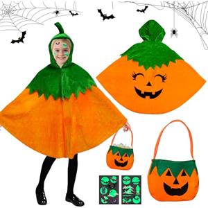 KOIROI Costume di Halloween per Bambini, Zucca Mantello Halloween Bambini, Zucca Costume Strega Includere Borsa di Zucca e Adesivi, Mantello Pipistrello Halloween per Bambini Ragazzi Ragazze Costume Cosplay