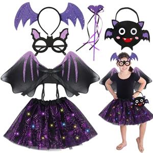 KOIROI Costume Halloween Pipistrello Bambina, Costume da Vampiro per Bambina, Cerchio per Capelli, Gonna Tutù, Bacchetta, Ali Pipistrello Bambina, Borse, Copricapo Ali per Halloween, Festa Cosplay Vampiro