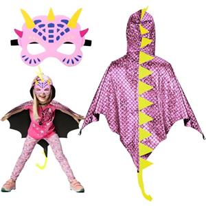 Landifor 2pz Costume da Mantello da Dinosauro Mantello Dinosauro Bambino Dinosauri per Bambini Mantello con Maschera Cosplay Drago Rosa-per Bambini Festa Idea Regalo Carnevale Travestimento (Rosa)