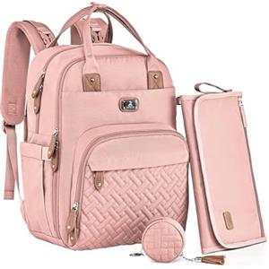 Dikaslon Borsa Zaino Fasciatoio, Zainetto Fasciatoio Grande Multifunzione Borsa Bebè con Fasciatoio Portatile, Porta Ciuccio e Cinturini per Passeggino, per Mamma e Papà (Rosa)