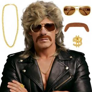 Helixor Parrucche Carnevale Uomo Mullet Come Capelli Veri - 5 Pezzi Wig Occhiali da Sole Collana Barba Finta Collana e Anello per Anni 80 90 Costume Vestito Carnevale Uomo Donna Discoteca Cosplay Halloween