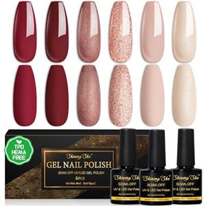 Shining She Smalto Semipermanente TPO-Free HEMA-Free, 6 Colori Nude Beige Rossobruno Rossoviolaceo Glitter Smalti Semipermanenti per Unghie Soak-Off UV/LED per Principiante Nail Art Salone, 8ML