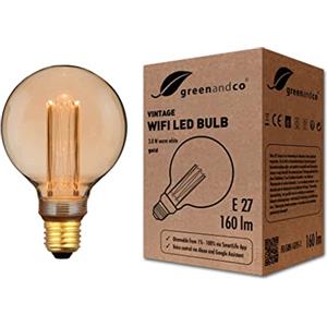 greenandco Lampadina Vintage LED Smart WiFi | E27 G95 | 3,8W 160lm | 1800K | 320° | 230V | nessun sfarfallio | dimmerabile | Compatibile con Alexa e Google Assistant