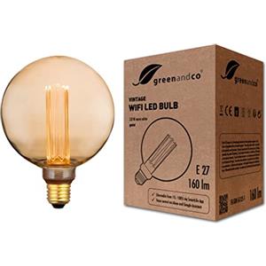 greenandco Lampadina Vintage LED Smart WiFi | E27 G125 | 3,8W 160lm | 1800K | 320° | 230V | nessun sfarfallio | dimmerabile | Compatibile con Alexa e Google Assistant