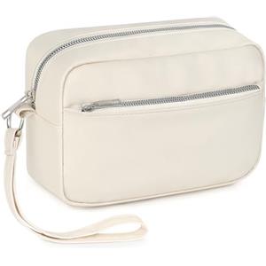 MOCOCITO Beauty Case da Viaggio Uomo Donna,Trousse in Pelle PU 2.2L,Pochette da Toilette Compatta e Leggera con Tasche,Organizer Cosmetici per Viaggi Resistente Agli Schizzi,Palestra, Bagno Beige