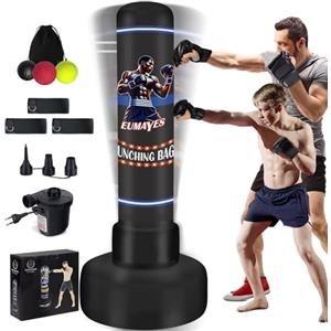 Mamxwaga Sacco da Boxe con Supporto Adulti, 180 cm Sacco da Boxe Pesante Autoportante da Terra con Reflex Ball per Boxe e Pompa ad Aria Elettrica, Sacchi da Kickboxing per Allenamento MMA Muay Thai Fitness
